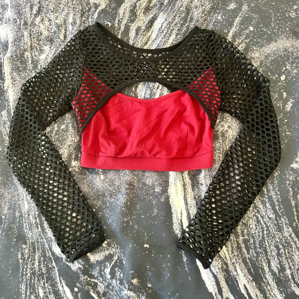 Snag Tights Fishnet Crop Top “Alanis” Wine Red & Black Mesh Fishnet Size C (4-6)
